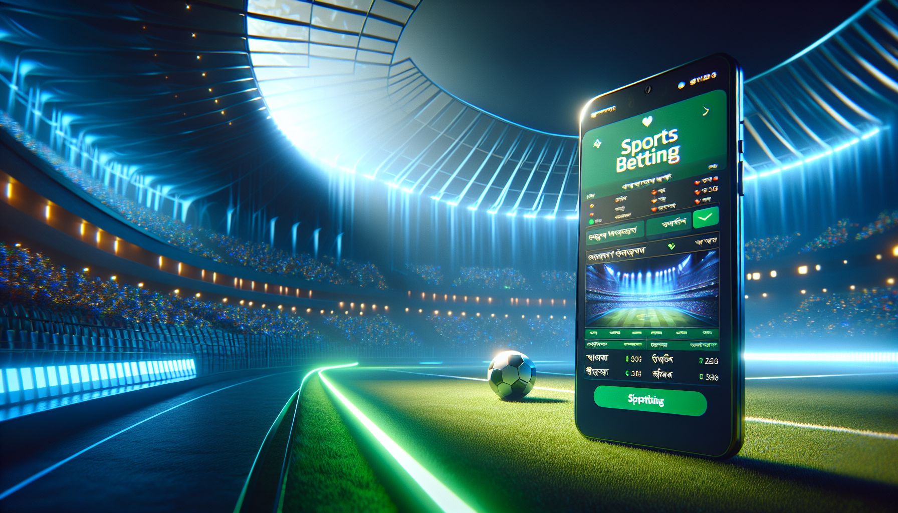 Bangladeshi sports fan checking match odds on a mobile screen with bright stadium lights and FA999 branding in view