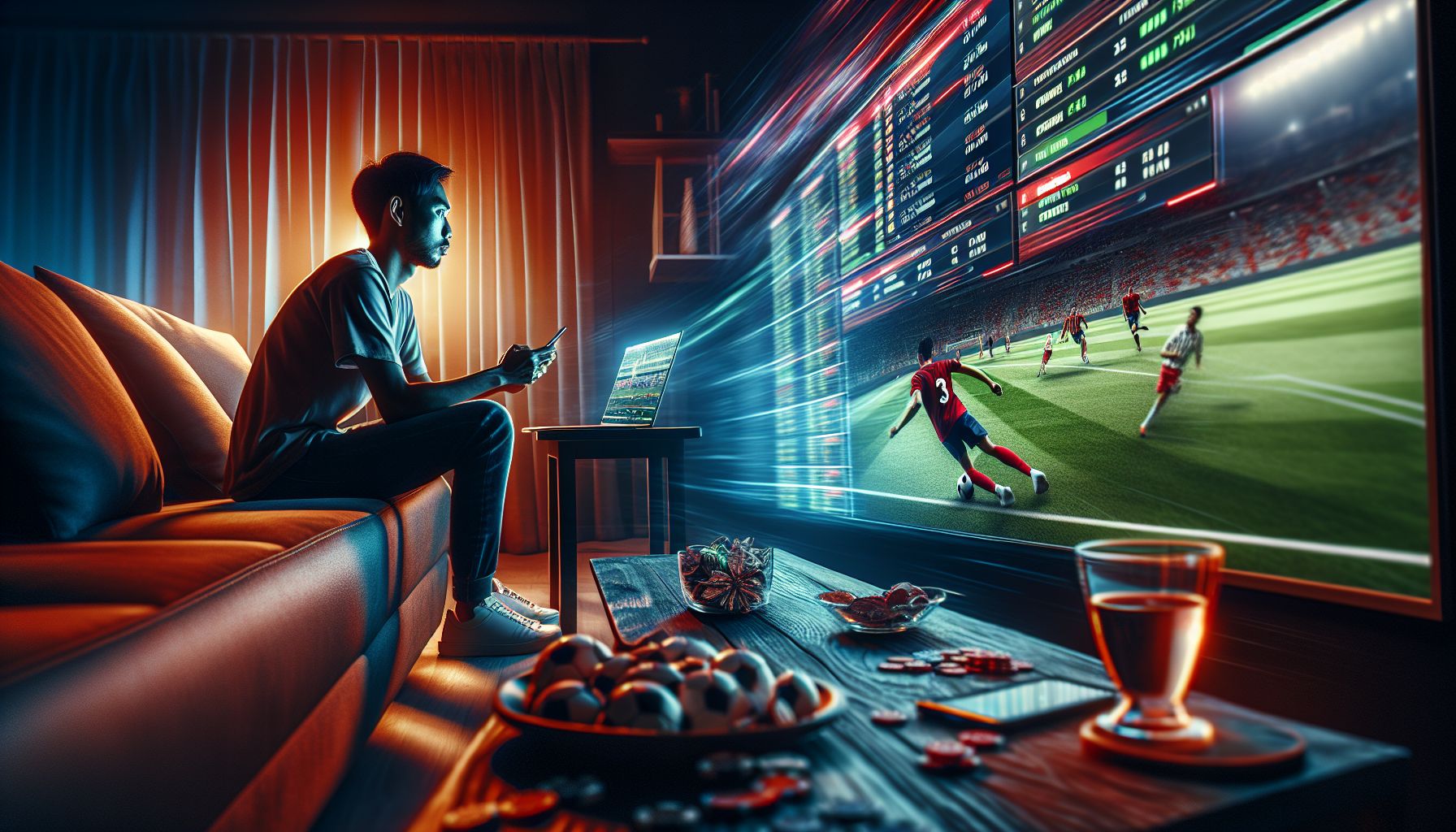 Player in Bangladesh using phone and laptop to place live sports bets during an intense evening match