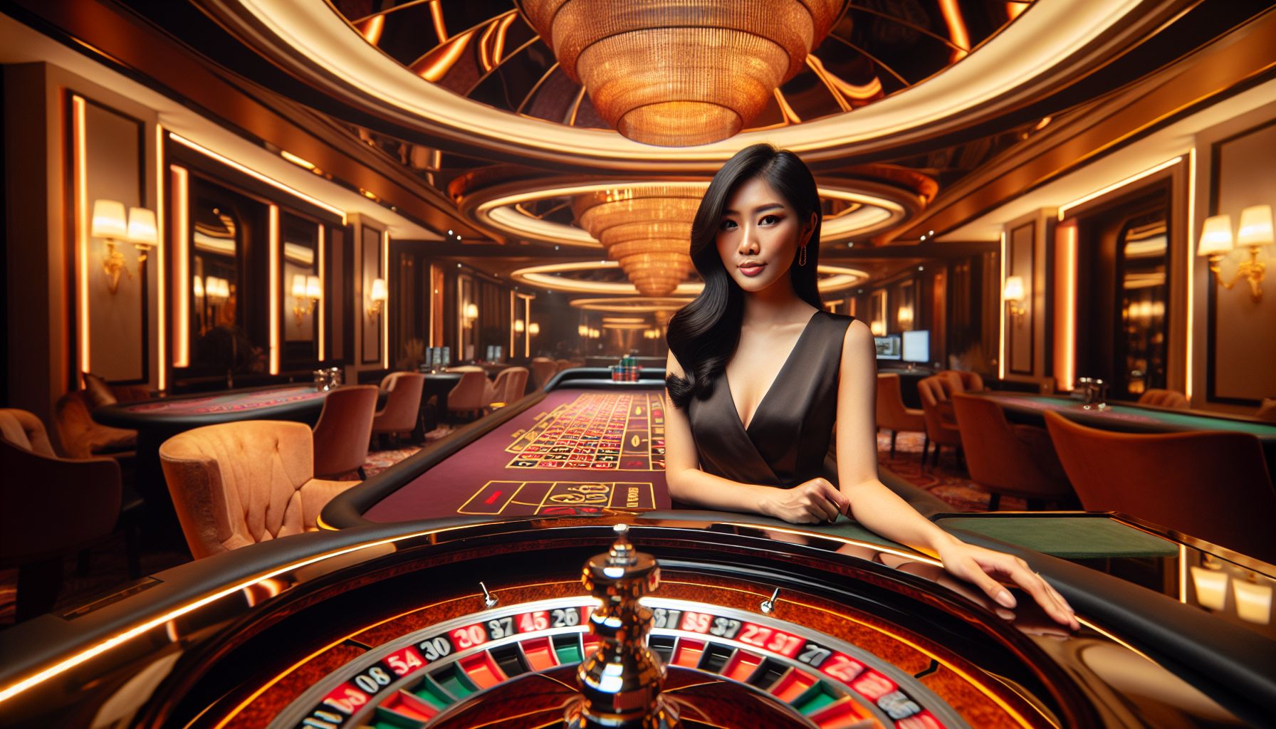 Elegant live casino room with roulette table and professional studio setup
