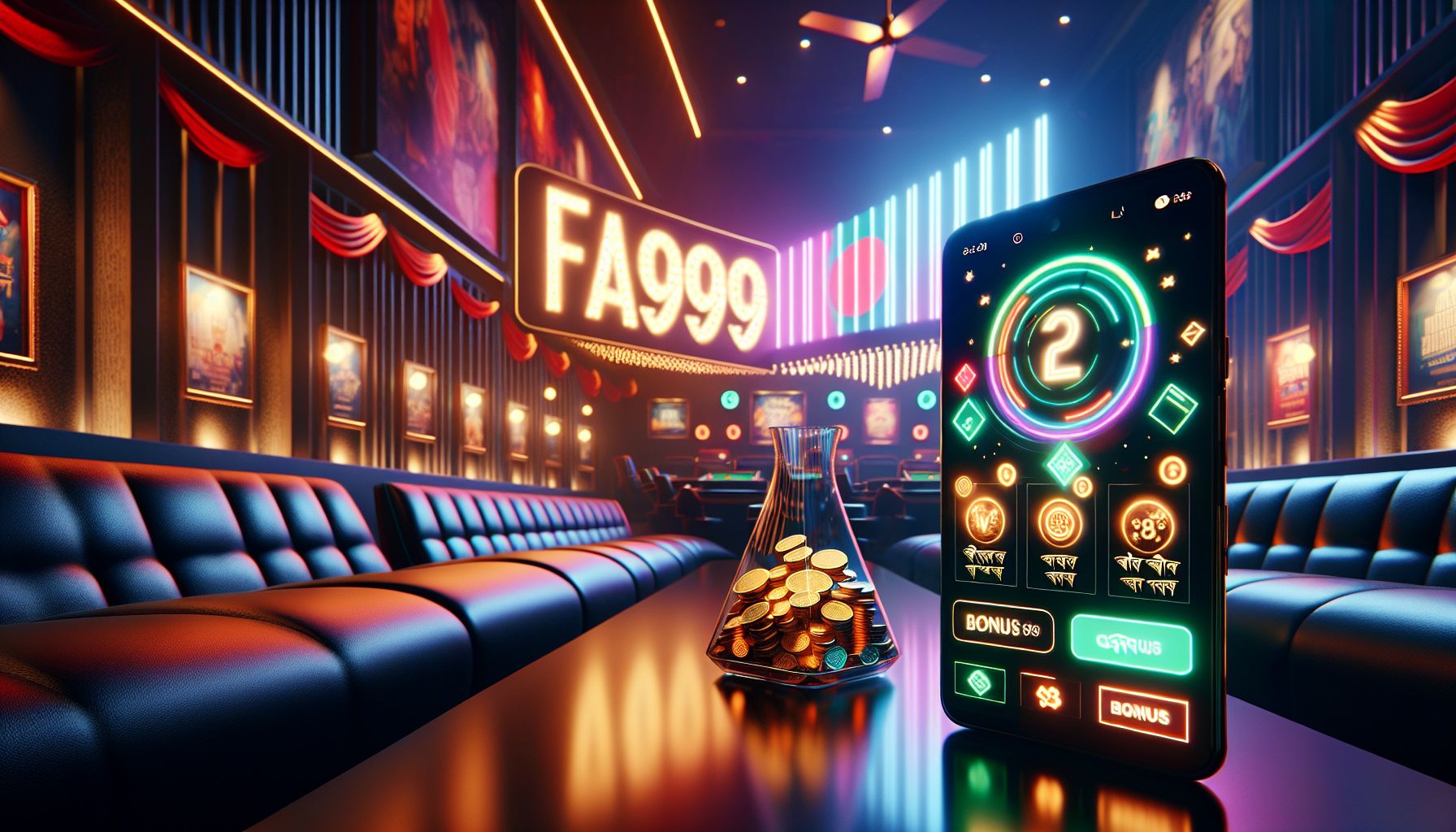 Modern FA999 bonus display for Bangladesh players with welcome rewards, cashback and VIP benefits in a premium gaming layout