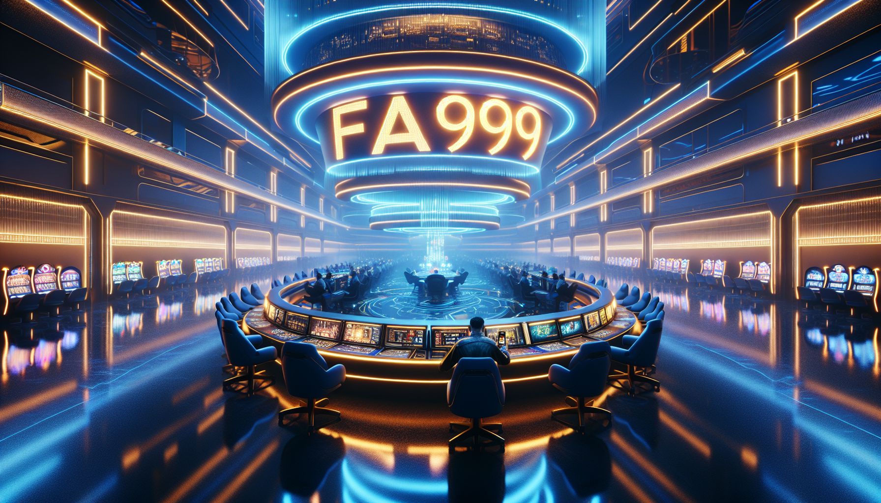 Bangladesh player using a glowing mobile screen with vivid casino visuals and FA999 branding in a modern gaming setting