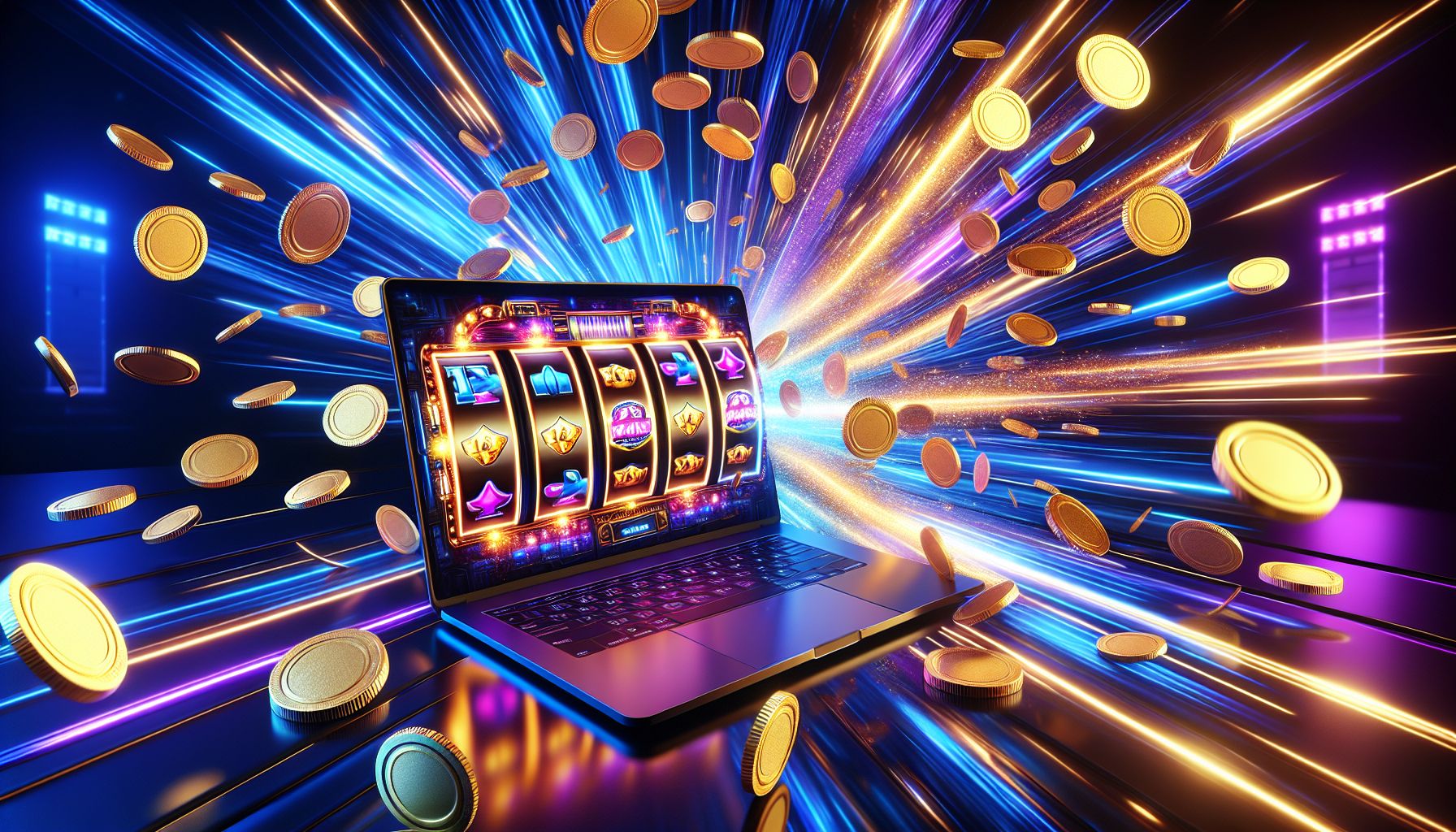 Laptop display filled with colorful reels, coins and energetic casino effects representing the FA999 game selection in Bangladesh
