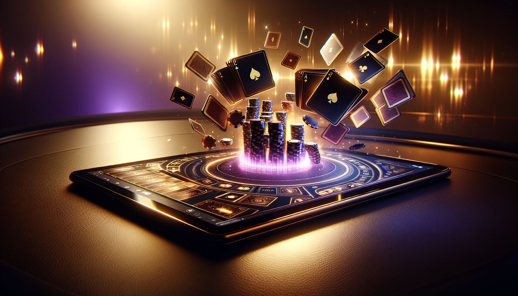 Focused gamer with tablet surrounded by glowing cards, chips and premium FA999-themed casino lighting in Bangladesh