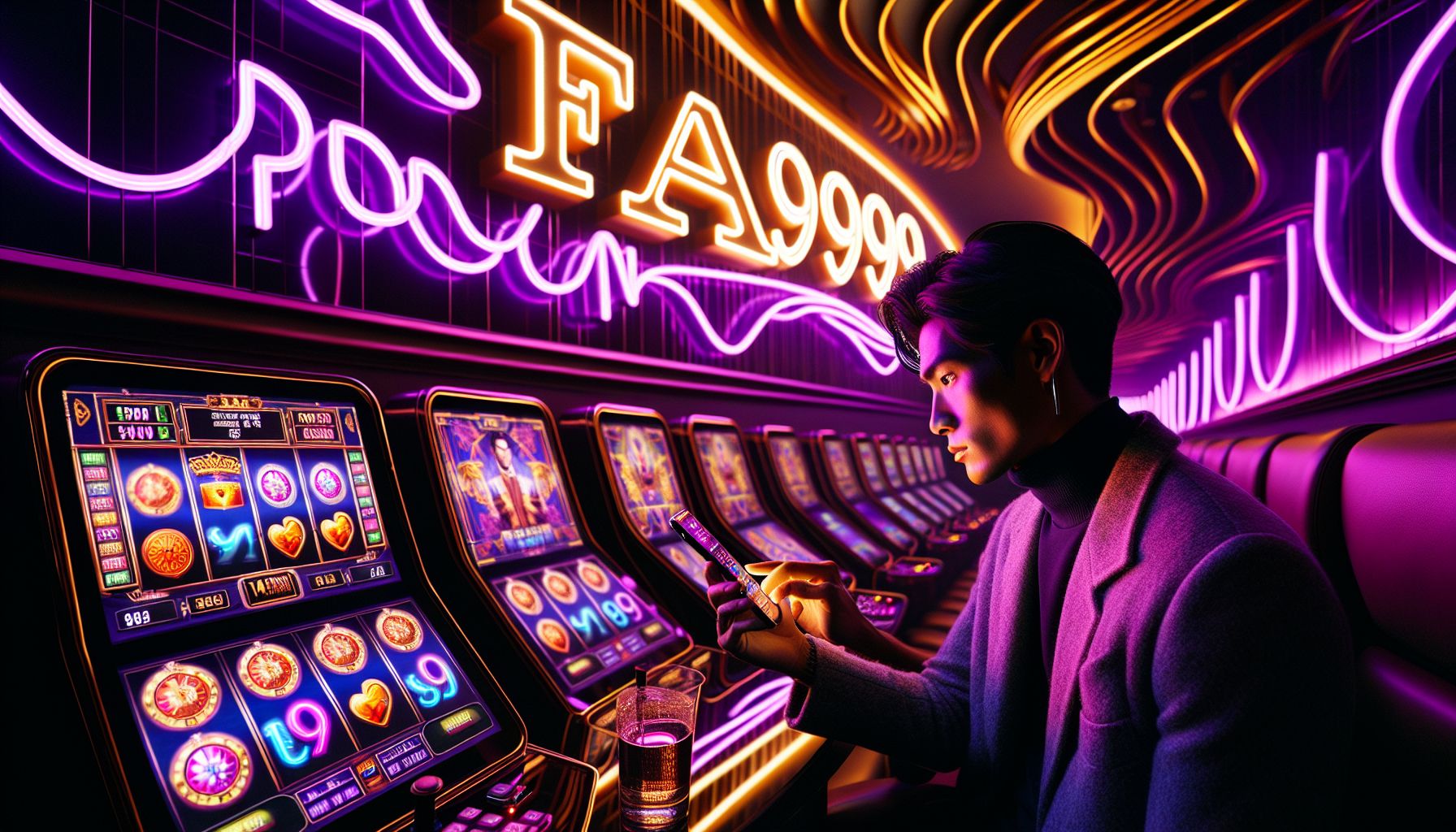 Bangladeshi player enjoying colorful FA999 slot reels on a mobile screen in a modern gaming setting