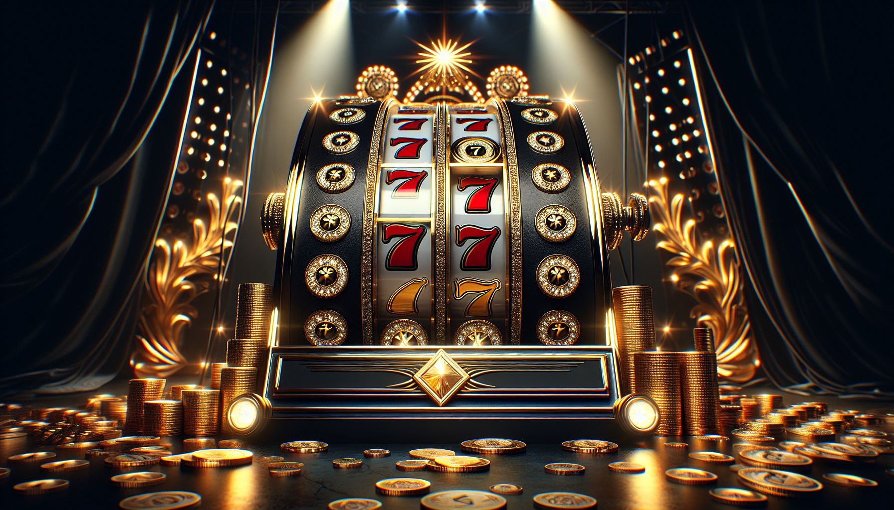Luxury slot reel with glowing sevens, gold accents, and a celebratory win atmosphere